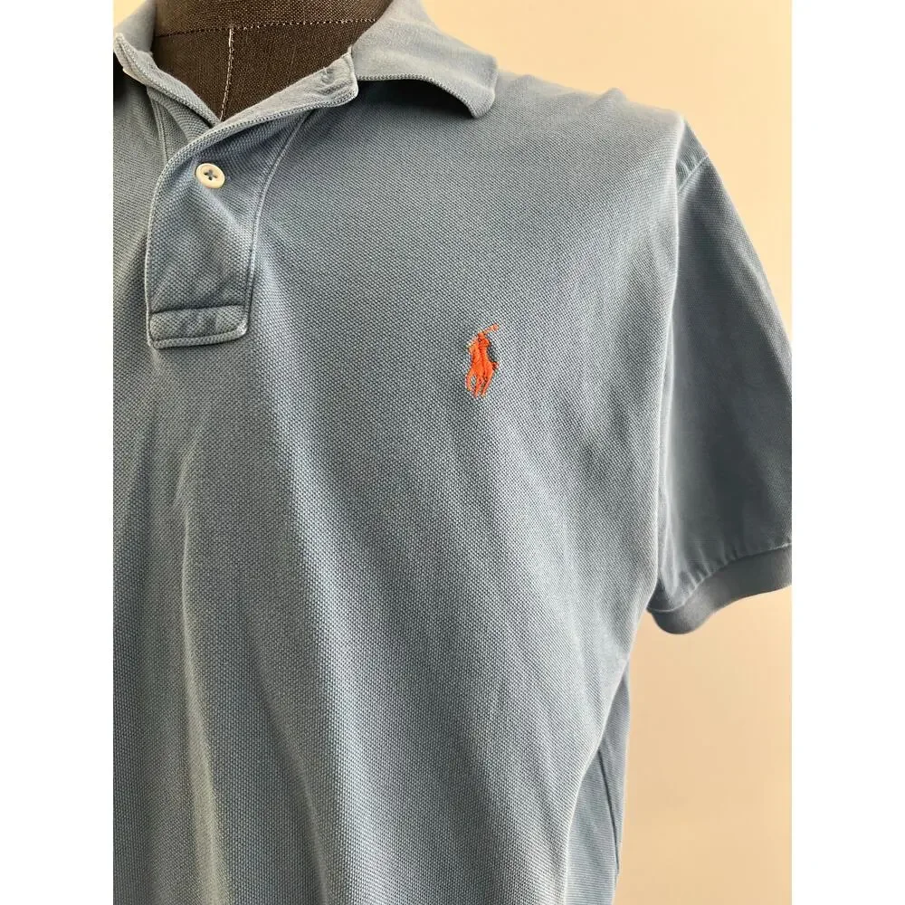 Polo Ralph Lauren 100% Pique Cotton Collared Shirt Blue Orange Size Large SG